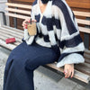 Fantoye Knit Striped Two Piece Sets Cardigan Women Sweater With Scarf Long Sleeve Button Sweater Winter Loose Casual Streetwear