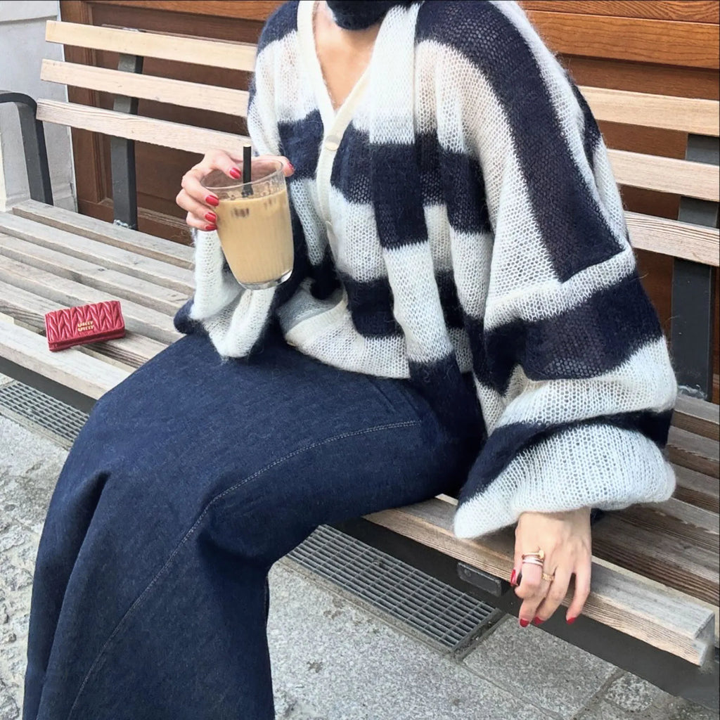 Fantoye Knit Striped Two Piece Sets Cardigan Women Sweater With Scarf Long Sleeve Button Sweater Winter Loose Casual Streetwear