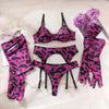 Sexy Pink Leopard Printed Bra Gloves Leg Socks Lingerie Set Women's Perspective Comfortable Mesh Exotic Apparel Underwear Suit