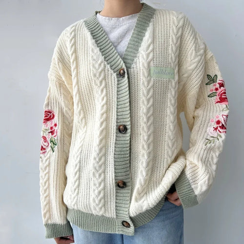 Beige V-neck Embroidery Knitted Cardigan Sweater Women Flower All-match Warm Women's Clothing Winter Single Breasted Cardigans