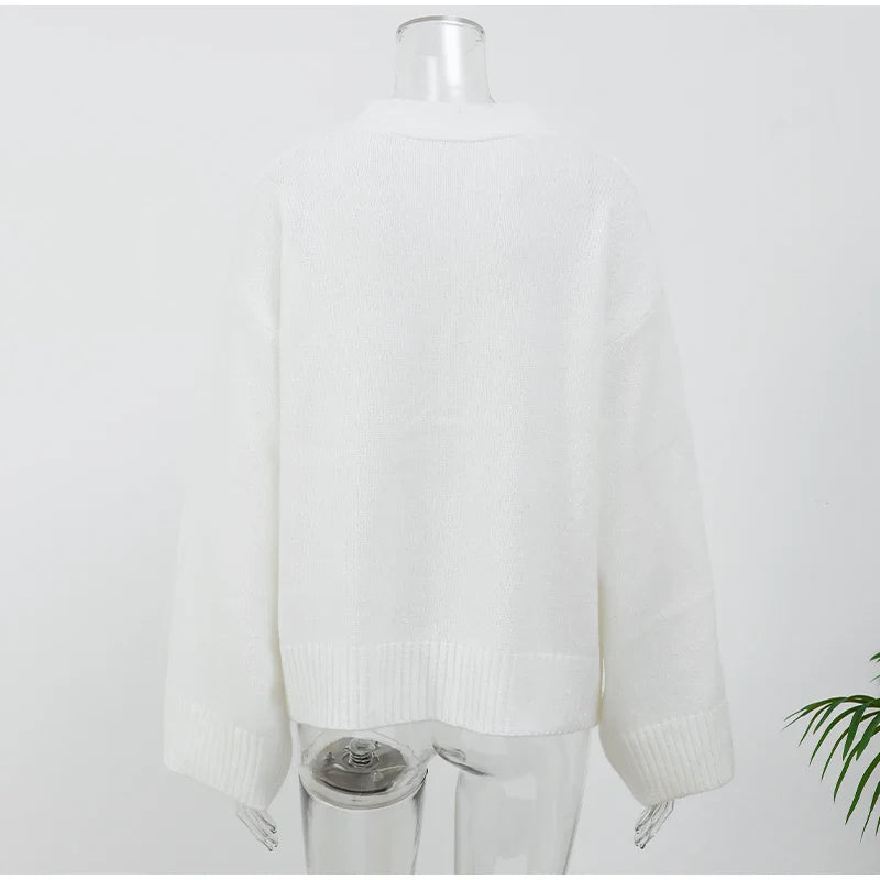 Casual V Neck Single Breasted Knitted Cardigan Women Retro Solid Long Sleeve Pocket Warm Sweater Lady New Commute Loose Knitwear