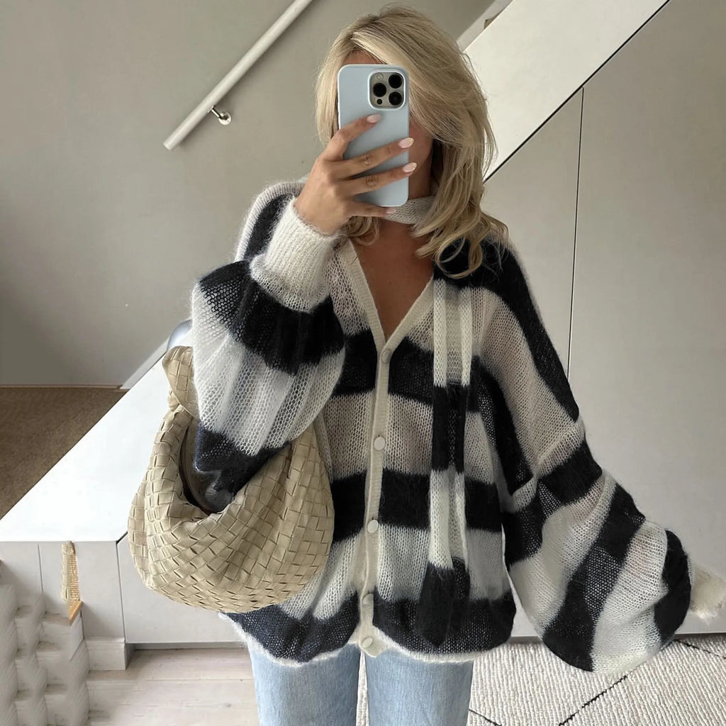 Fantoye Knit Striped Two Piece Sets Cardigan Women Sweater With Scarf Long Sleeve Button Sweater Winter Loose Casual Streetwear