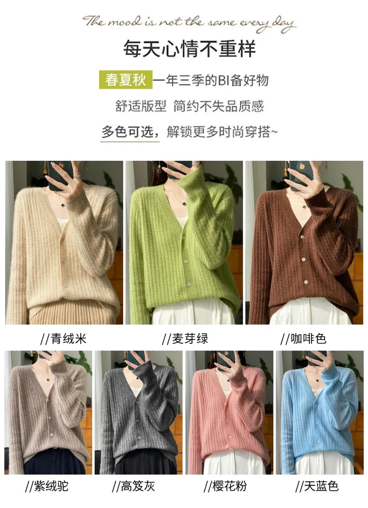 Women's V-Neck 100% Wool Cashmere Cardigan Women's Knit Sweater Spring and Autumn Super Soft Loose Large Size Long Sleeve Shirt