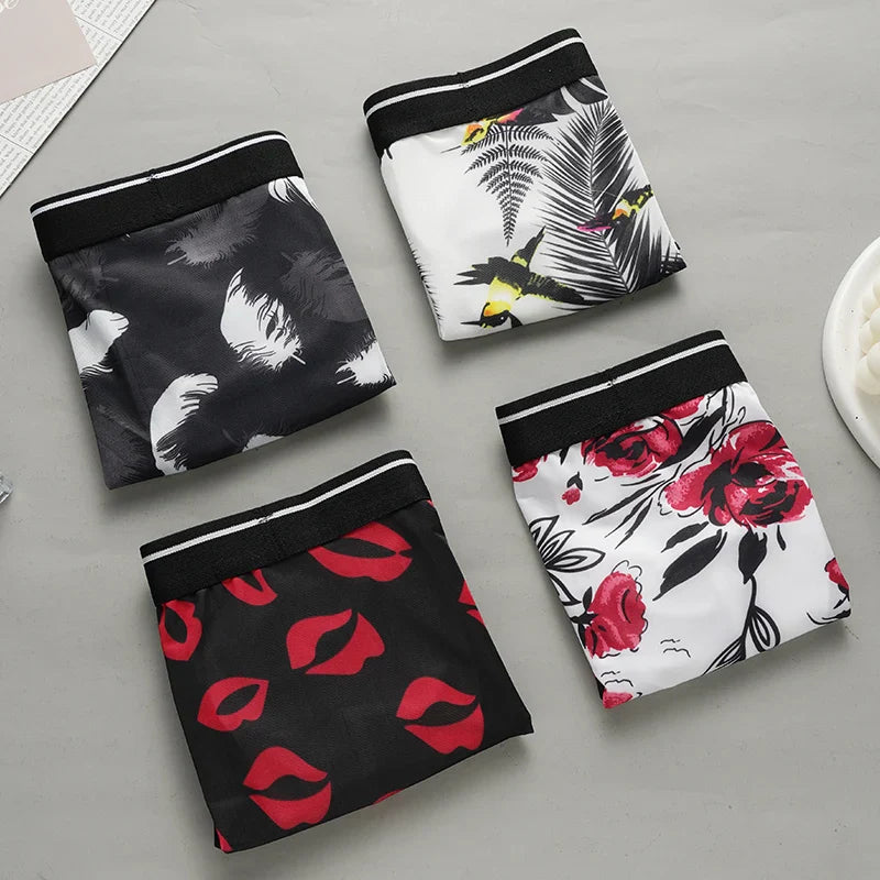 Men's Printed Boxer Briefs Shorts Ice Silk Sexy Seamless Underwear Underpants Ultra-thin Breathable Panties