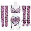 Sexy Pink Leopard Printed Bra Gloves Leg Socks Lingerie Set Women's Perspective Comfortable Mesh Exotic Apparel Underwear Suit