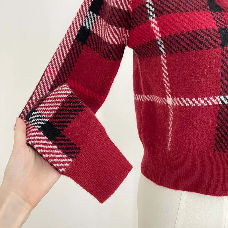 Autumn Winter New Fashion Plaid V-neck Knitted Cardigan Women's Clothing Vintage Slim Soft Wool Sweater Commute Thick Tops