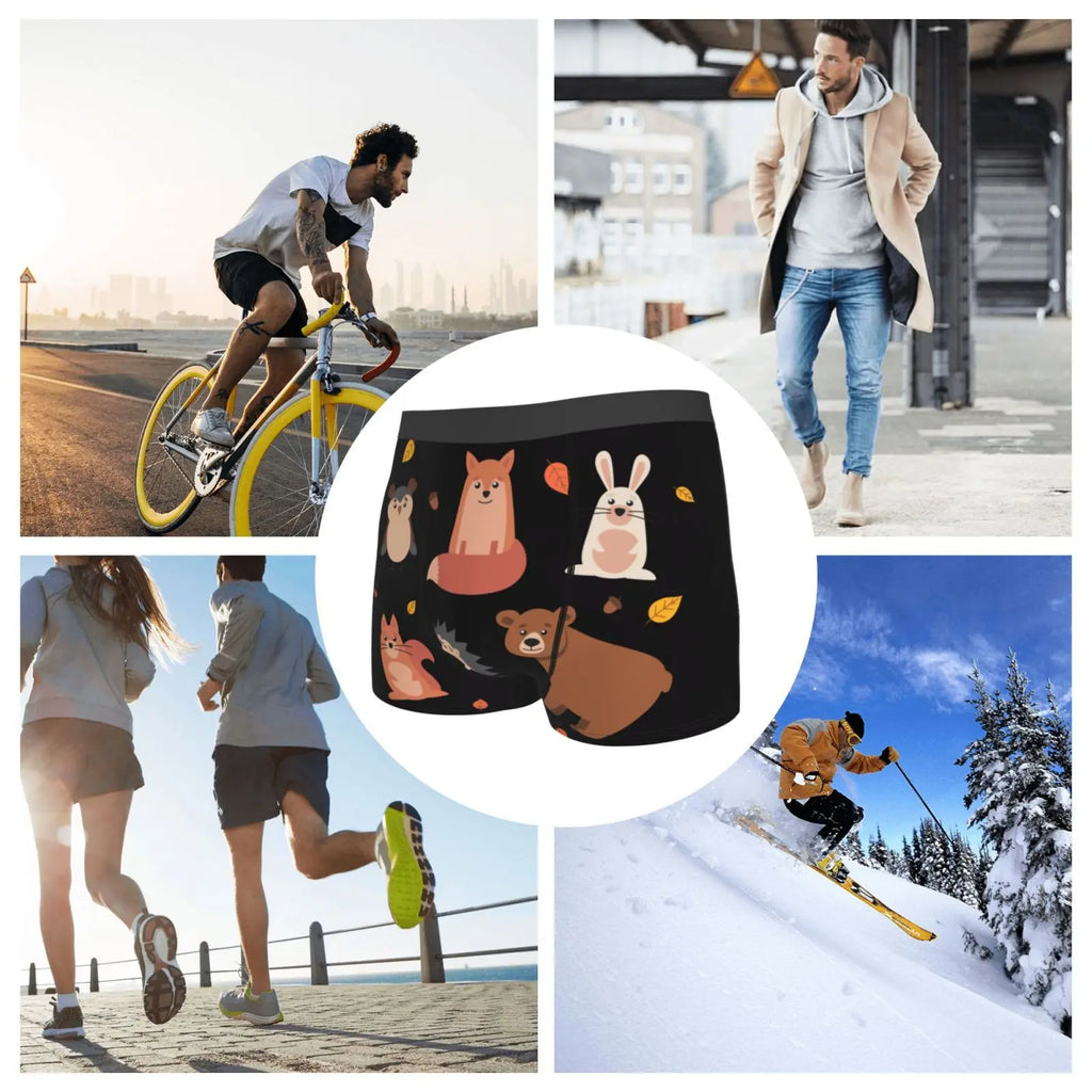 Cute Animals of Forest Shorts Male Underpants Double Sides Printed Soft Breathable Machine Wash Boxers Print Polyester