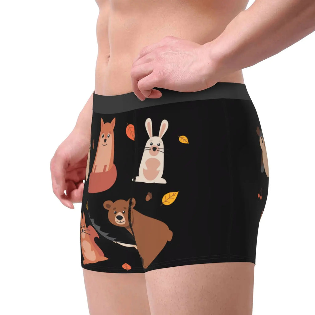 Cute Animals of Forest Shorts Male Underpants Double Sides Printed Soft Breathable Machine Wash Boxers Print Polyester