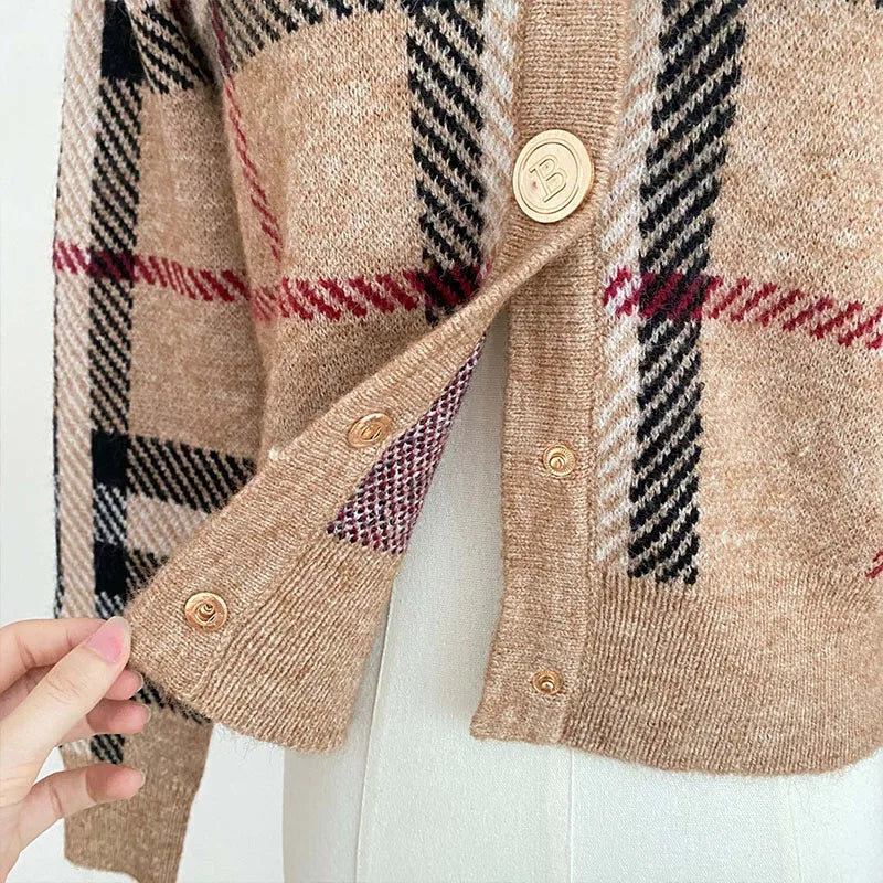 Autumn Winter New Fashion Plaid V-neck Knitted Cardigan Women's Clothing Vintage Slim Soft Wool Sweater Commute Thick Tops