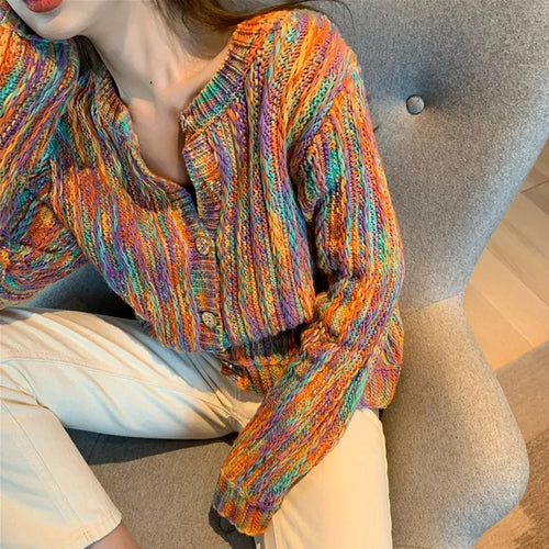 Hdspq New Rainbow Color Cardigan with Buttons 2023 Autumn Winter Korean Fashion Long Sleeve Knit Cardigan Women Loose Sweaters