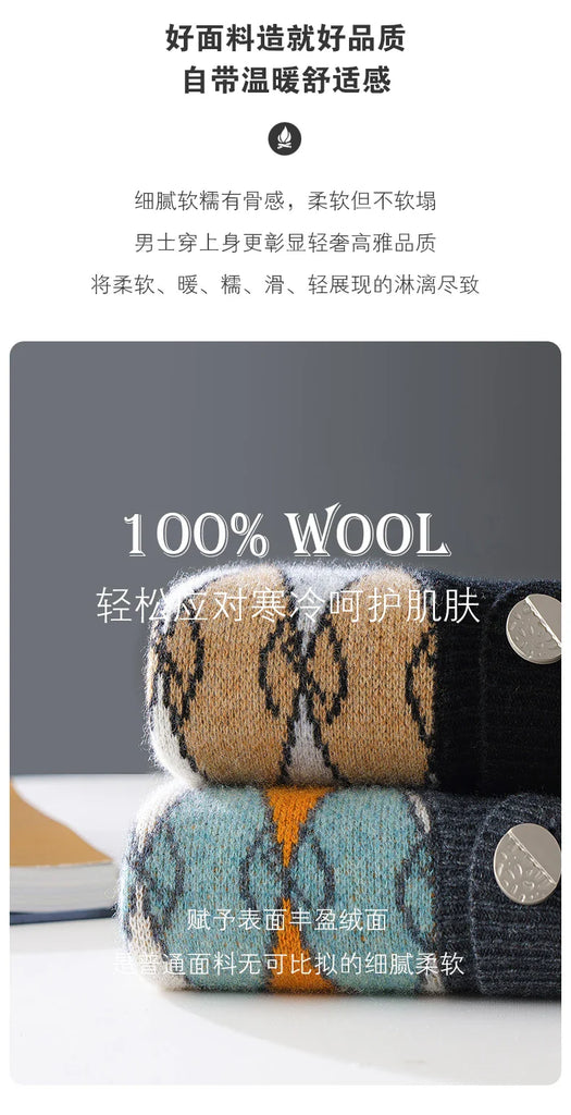 New 100% Wool Knitted Cardigan In Autumn And Winter Men's V-Neck Color Matching Diamond Plaid Sweater Casual Cashmere Coat