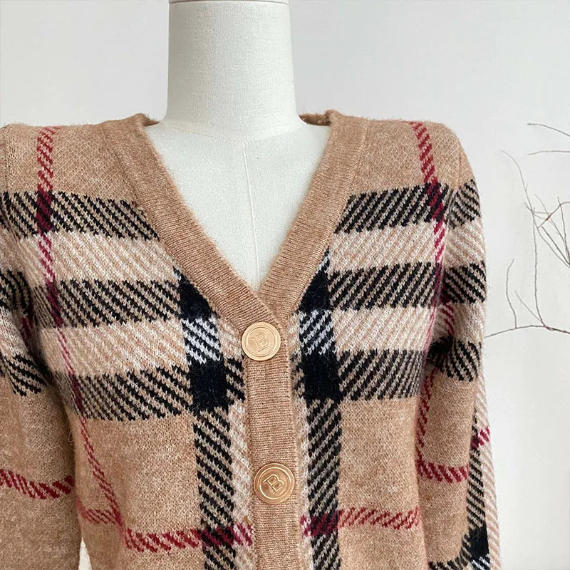 Autumn Winter New Fashion Plaid V-neck Knitted Cardigan Women's Clothing Vintage Slim Soft Wool Sweater Commute Thick Tops