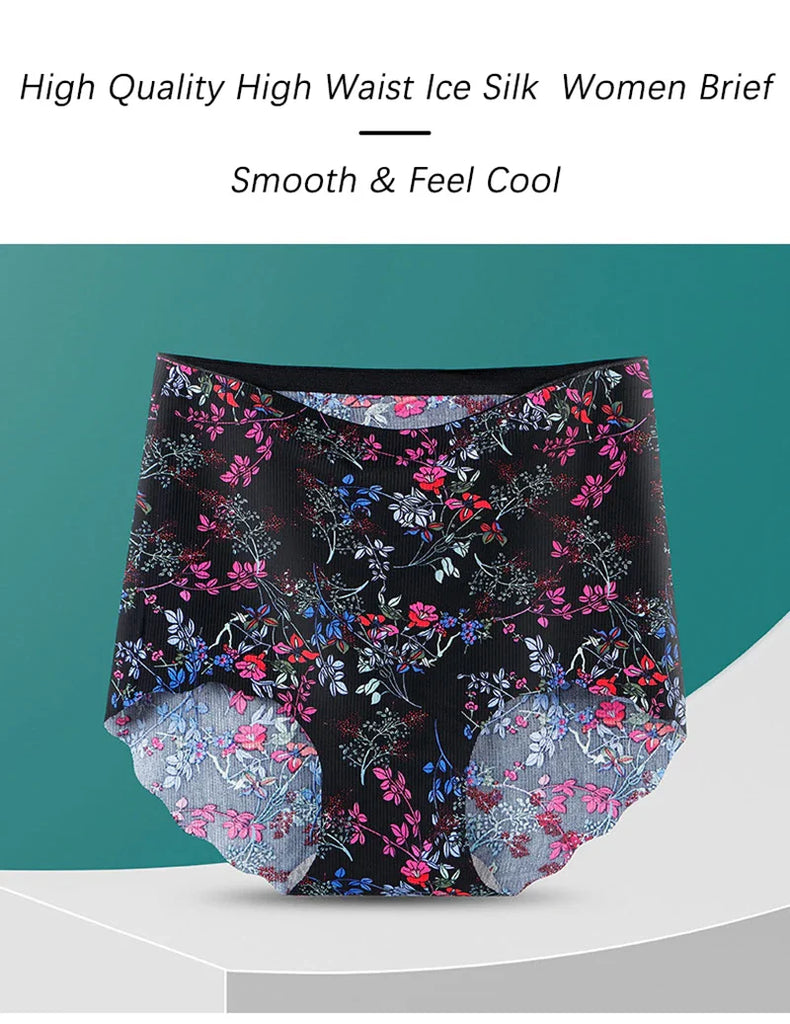 Sexy Women Seamless Underwear High Waist Women's Panties Flower Print Lingerie Ice Silk Intimate Briefs Female Panty Underpants