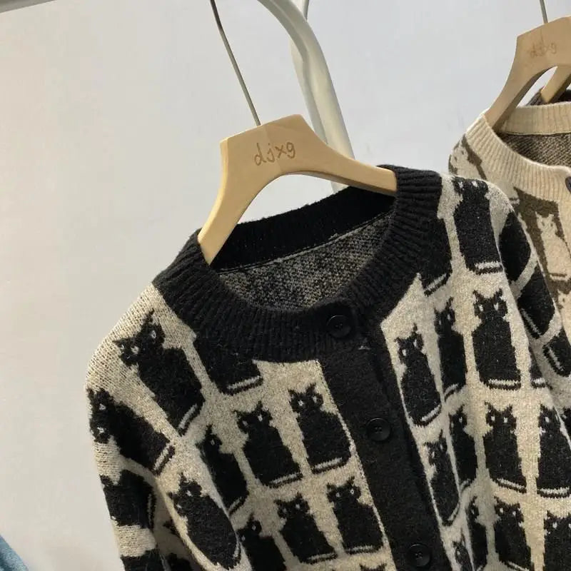 Woherb 2024 New Sweaterscoat Women Cute Cat Print Knitted Cardigan O-neck Sweet Sueter Fashion Loose Casual Jackets Pull Femme