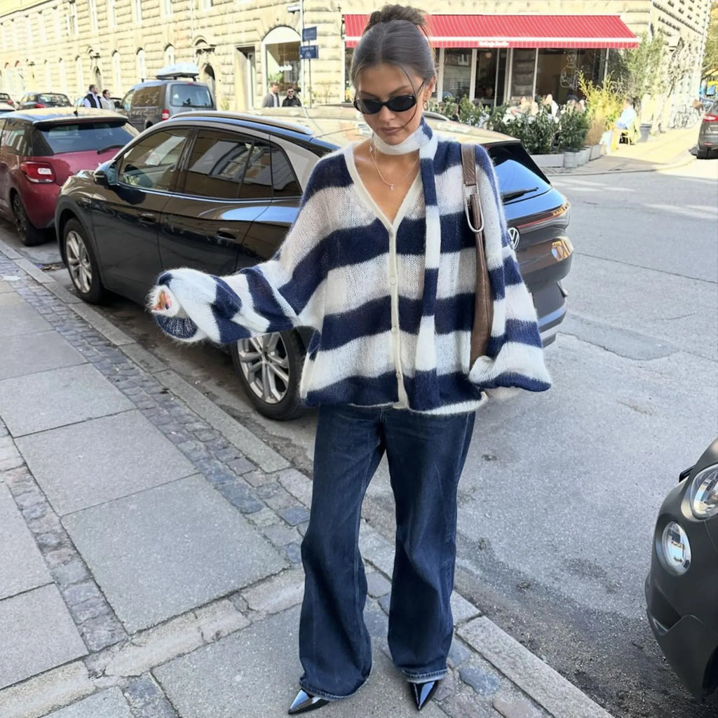 Fantoye Knit Striped Two Piece Sets Cardigan Women Sweater With Scarf Long Sleeve Button Sweater Winter Loose Casual Streetwear