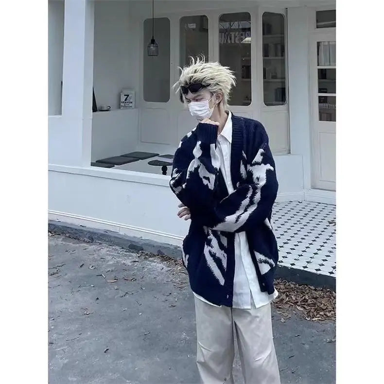 American Vintage Flocking Cardigan Knit Sweater Men's Clothing Loose Oversized Winter Cardigans Coats Y2k Hip-Hop Streetwear
