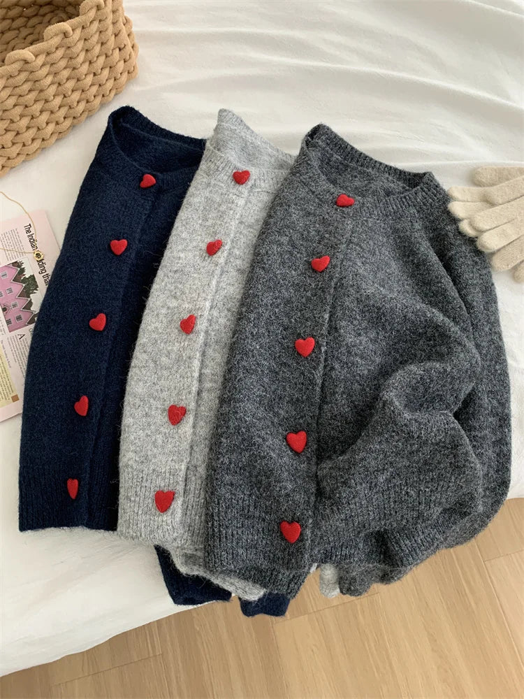 Deep Grey Wool Knitted Cardigan For Women In Autumn Winter, Soft And Sticky, Warm, Love Buckle Shoulder Sleeves