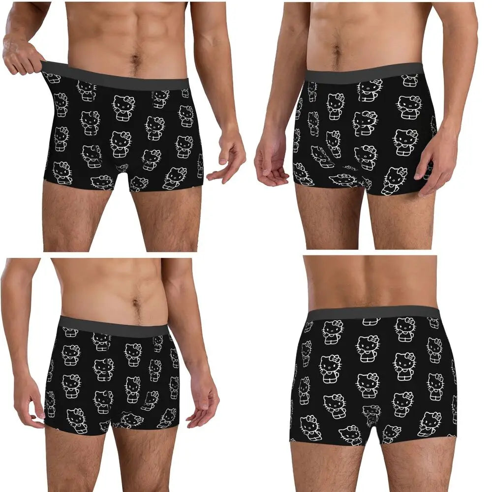 Black Hello Kitty Middle Finger  Underwear Print Trunk Trenky Men's Underpants Elastic Shorts Briefs Gift