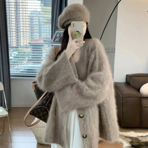 Loose mohair v-neck sweater cardigan coat for women in autumn and winter Korean style gentle wind vintage knitwear sweater top
