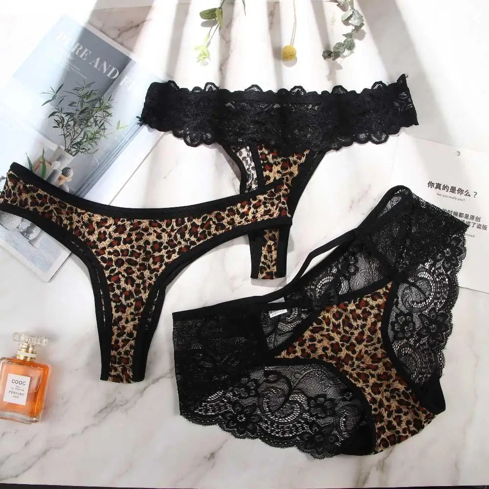 Sexy Bownot Low waist Leopard Briefs Lace Thongs Leopard Panties Underwear