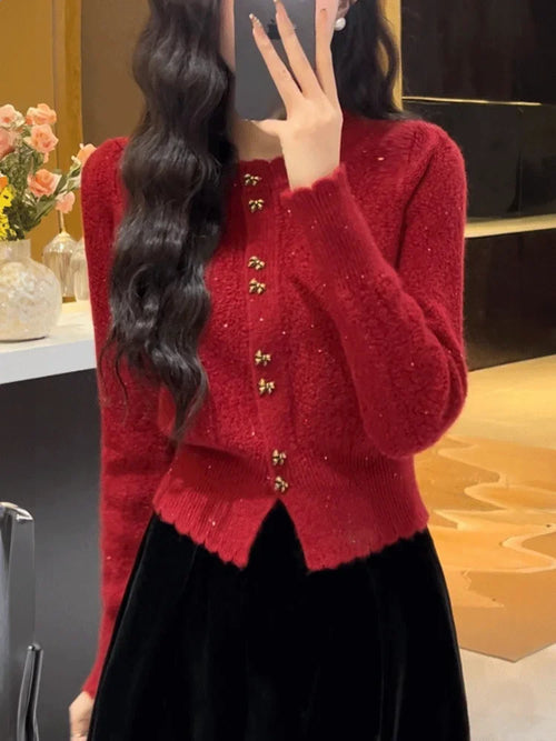 Early Autumn 2024 Red Knitted Cardigan Sweater Jacket Women Short Long Sleeved White Women Cardigan Crop Top pull coreen