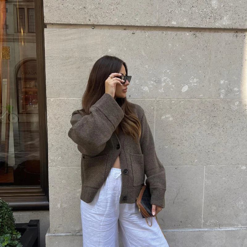 Casual V Neck Single Breasted Knitted Cardigan Women Retro Solid Long Sleeve Pocket Warm Sweater Lady New Commute Loose Knitwear