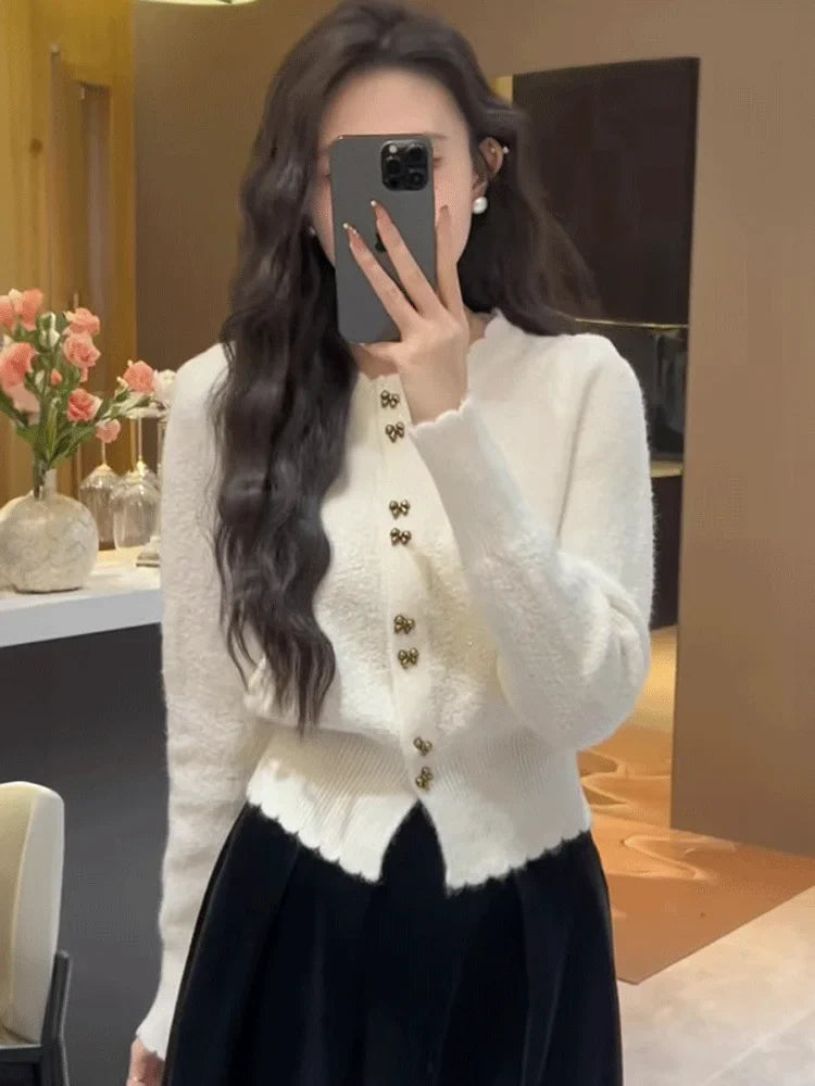 Early Autumn 2024 Red Knitted Cardigan Sweater Jacket Women Short Long Sleeved White Women Cardigan Crop Top pull coreen