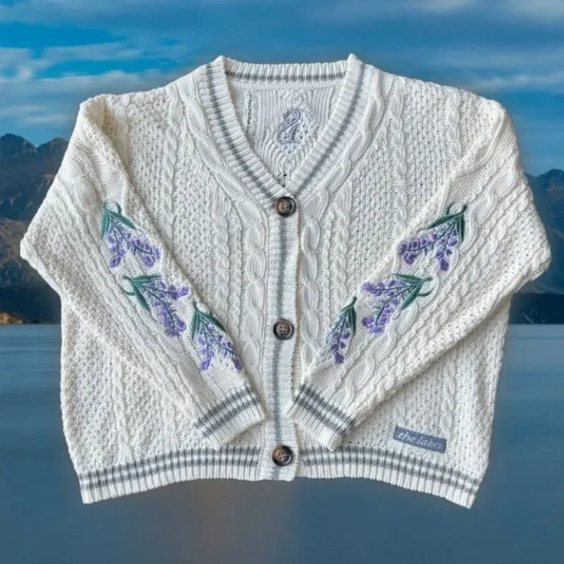 Vintage Purple Flower Embroidery Knitted Cardigan Women Cute Button Up V Neck Long Sleeve Autumn Y2K Aesthetics Retro Sweater