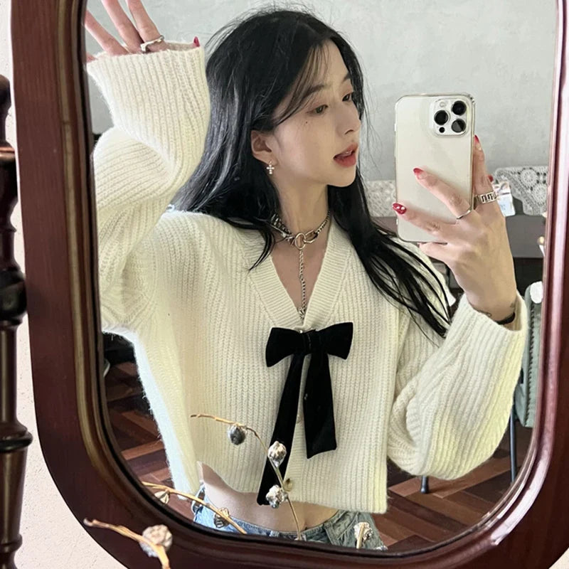Autumn Sweet Bow Knitted Cardigan Women V-neck Long Sleeve Casual Loose Knitwear