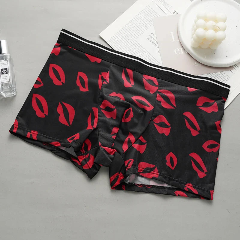 Men's Printed Boxer Briefs Shorts Ice Silk Sexy Seamless Underwear Underpants Ultra-thin Breathable Panties