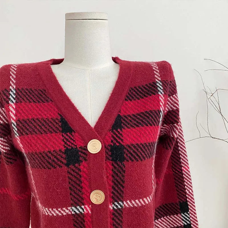 Autumn Winter New Fashion Plaid V-neck Knitted Cardigan Women's Clothing Vintage Slim Soft Wool Sweater Commute Thick Tops