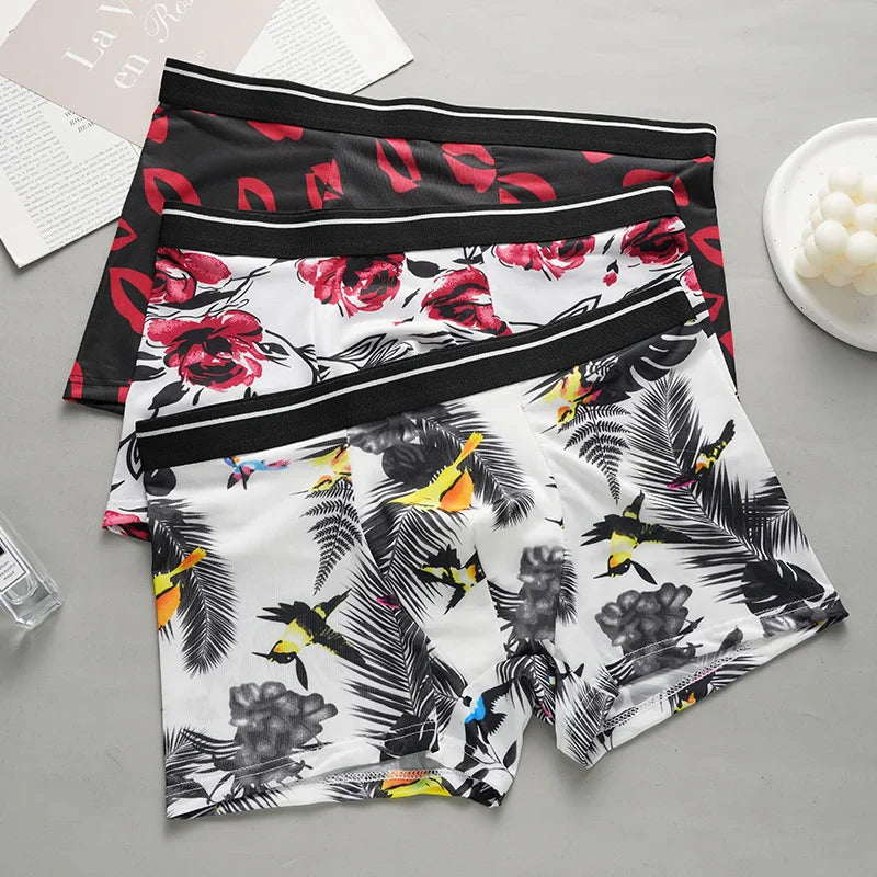 Men's Printed Boxer Briefs Shorts Ice Silk Sexy Seamless Underwear Underpants Ultra-thin Breathable Panties