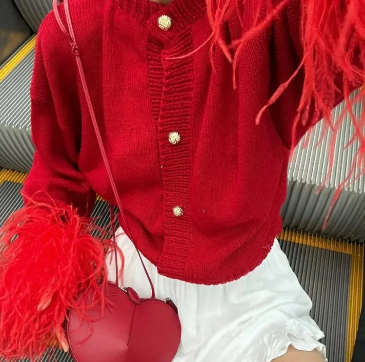 BKQU Feather Patchwork Knitted Cardigan Women Fashion Long Sleeve Single Breasted Short Loose Sweater Coats Elegant Street Tops