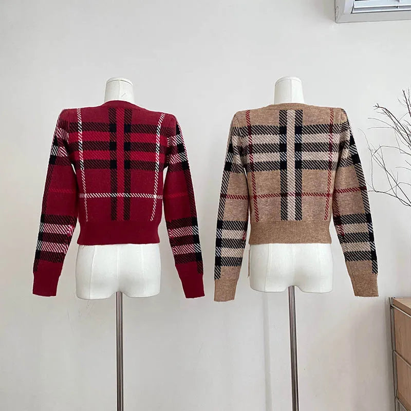 Autumn Winter New Fashion Plaid V-neck Knitted Cardigan Women's Clothing Vintage Slim Soft Wool Sweater Commute Thick Tops