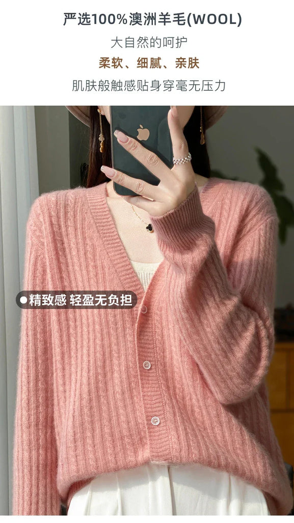 Women's V-Neck 100% Wool Cashmere Cardigan Women's Knit Sweater Spring and Autumn Super Soft Loose Large Size Long Sleeve Shirt