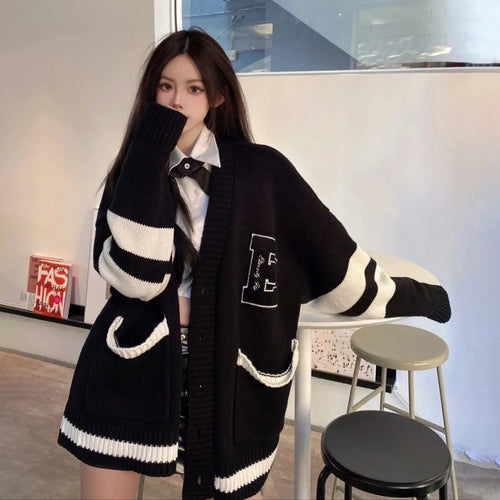Autumn And Winter Wind Sweet Letter Embroidery V-neck Cardigan Sweater Female Students Korean Version Of Loose Sweater Coat Tide