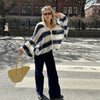 Fantoye Knit Striped Two Piece Sets Cardigan Women Sweater With Scarf Long Sleeve Button Sweater Winter Loose Casual Streetwear