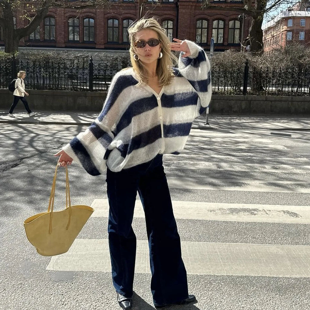 Fantoye Knit Striped Two Piece Sets Cardigan Women Sweater With Scarf Long Sleeve Button Sweater Winter Loose Casual Streetwear