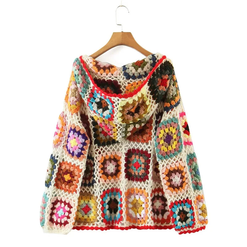 KEYANKETIAN Autumn New Hollowed-Out Hook Floral Color Knit Cardigan Ladies Bohemian Style Loose Handmade Sweater Top Fresh