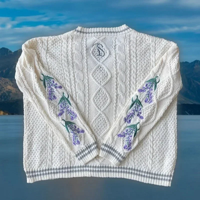 Vintage Purple Flower Embroidery Knitted Cardigan Women Cute Button Up V Neck Long Sleeve Autumn Y2K Aesthetics Retro Sweater
