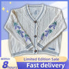 Vintage Purple Flower Embroidery Knitted Cardigan Women Cute Button Up V Neck Long Sleeve Autumn Y2K Aesthetics Retro Sweater