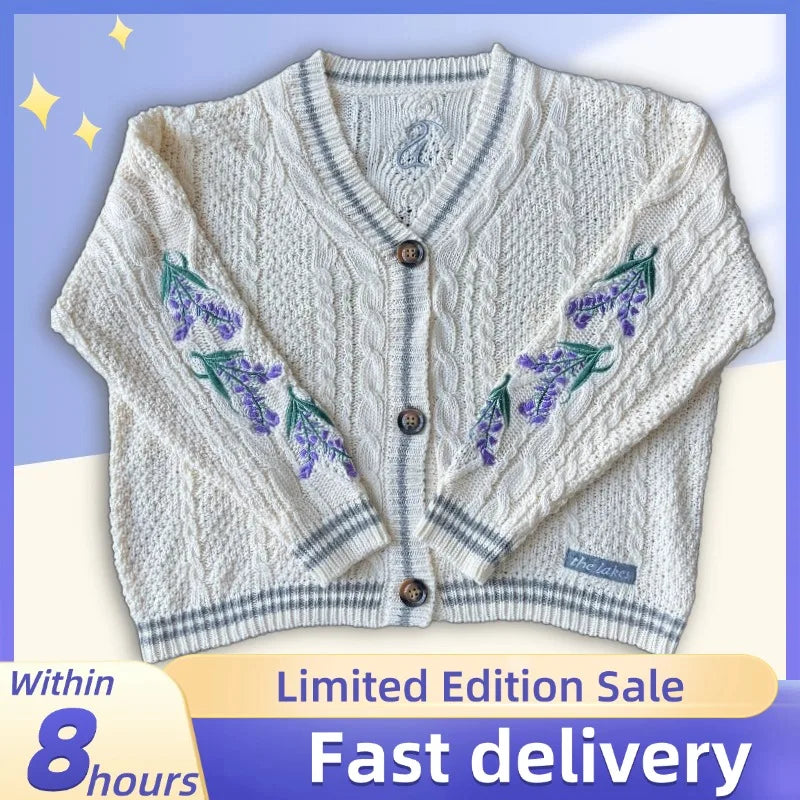 Vintage Purple Flower Embroidery Knitted Cardigan Women Cute Button Up V Neck Long Sleeve Autumn Y2K Aesthetics Retro Sweater