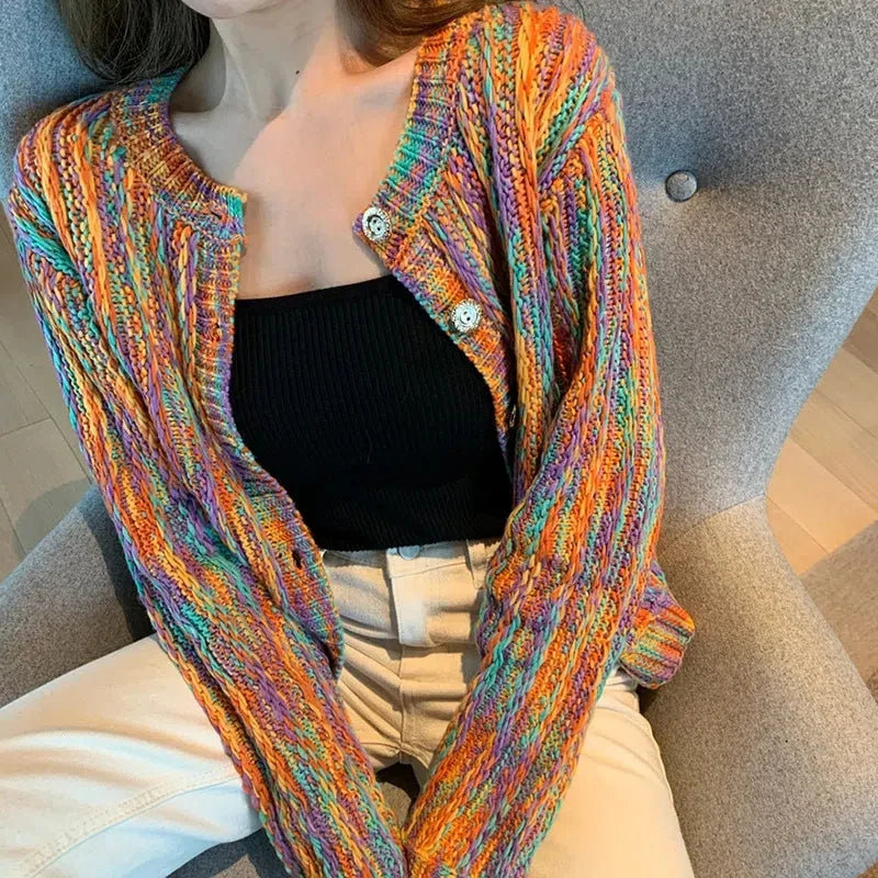 Hdspq New Rainbow Color Cardigan with Buttons 2023 Autumn Winter Korean Fashion Long Sleeve Knit Cardigan Women Loose Sweaters