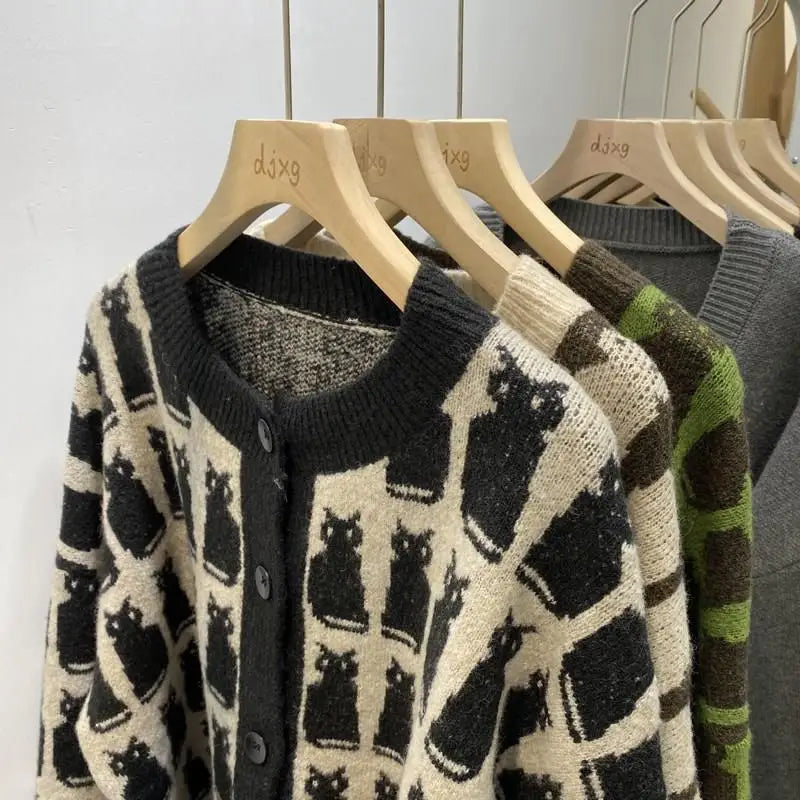 Woherb 2024 New Sweaterscoat Women Cute Cat Print Knitted Cardigan O-neck Sweet Sueter Fashion Loose Casual Jackets Pull Femme