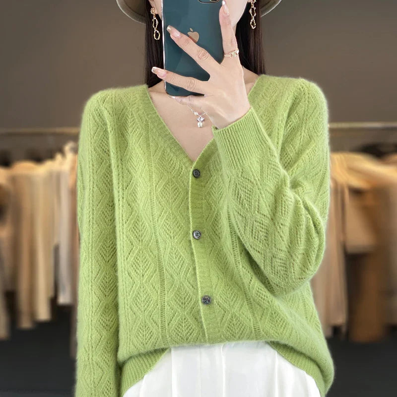 Women's V-Neck Spring and Autumn 100% Wool Cashmere Cardigan Women's Knit Sweater Super Soft Loose Large Size Long Sleeve Shirt
