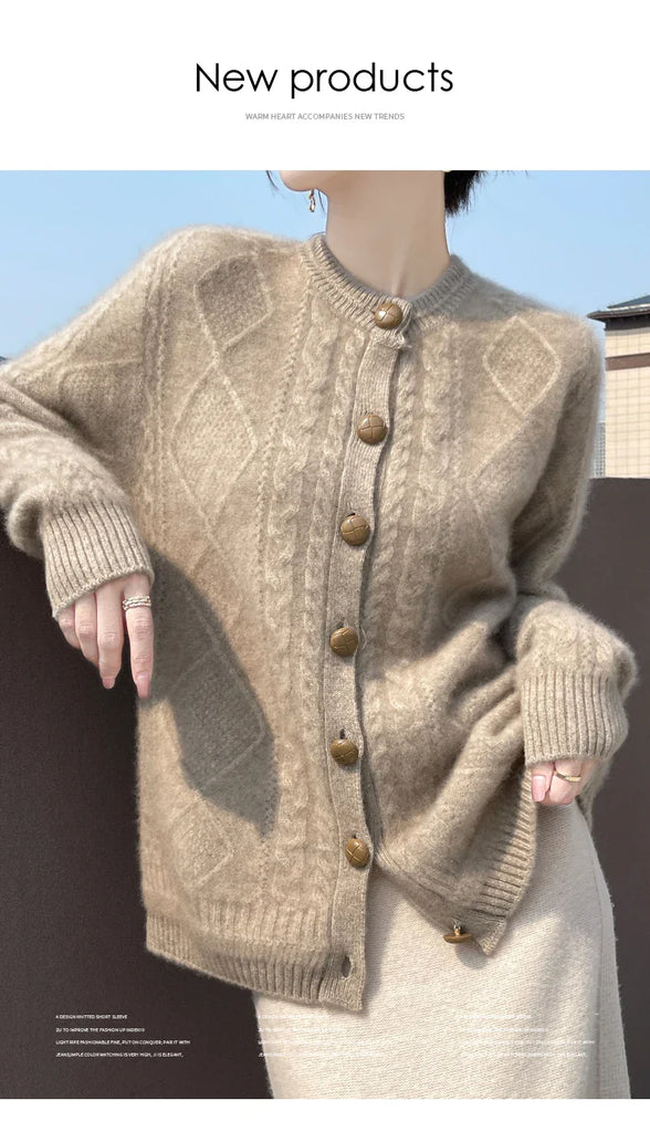 Autumn Winter New Thick Sweater For Women 100% Merino Wool Cardigan O-Neck Long Sleeve Twist Flower Warm Cashmere Knitwear Tops