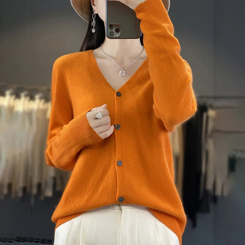 Basic V-Neck 100% Merino Wool Sweater Women Knitted Cashmere Cardigan Spring Autumn Female Knitwear Clothing Tops