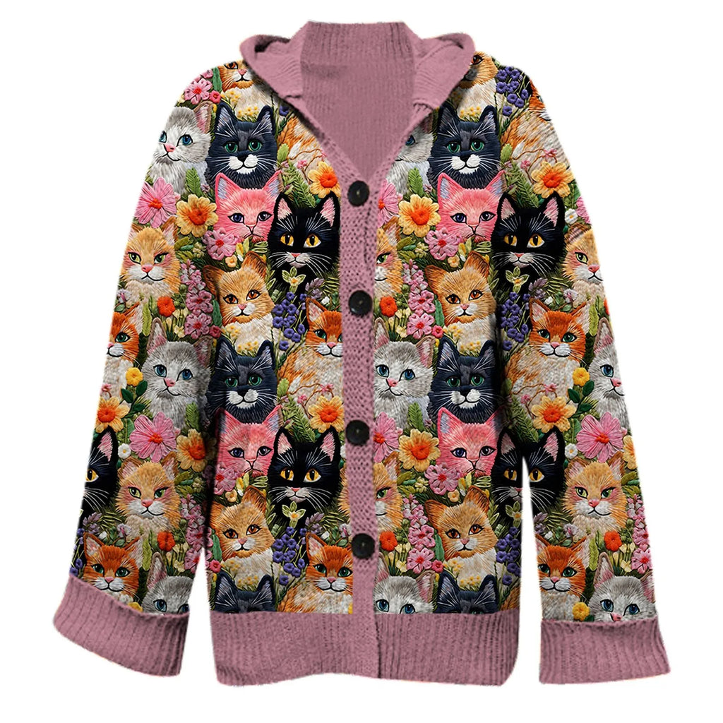 Knitted Sweater Cardigan Cat Print O-neck Long Sleeve Jumpers Warm Fashion Women Casual Cardigan Autumn Winter Sweater