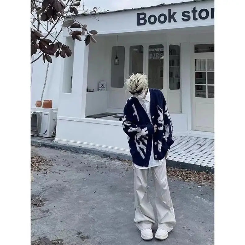 American Vintage Flocking Cardigan Knit Sweater Men's Clothing Loose Oversized Winter Cardigans Coats Y2k Hip-Hop Streetwear