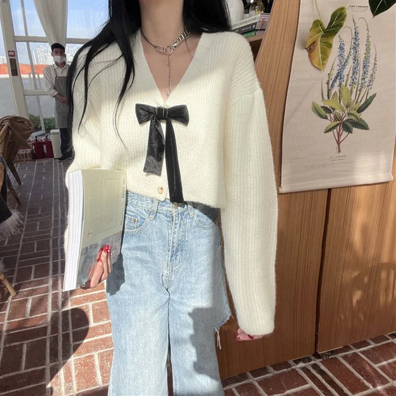 Autumn Sweet Bow Knitted Cardigan Women V-neck Long Sleeve Casual Loose Knitwear
